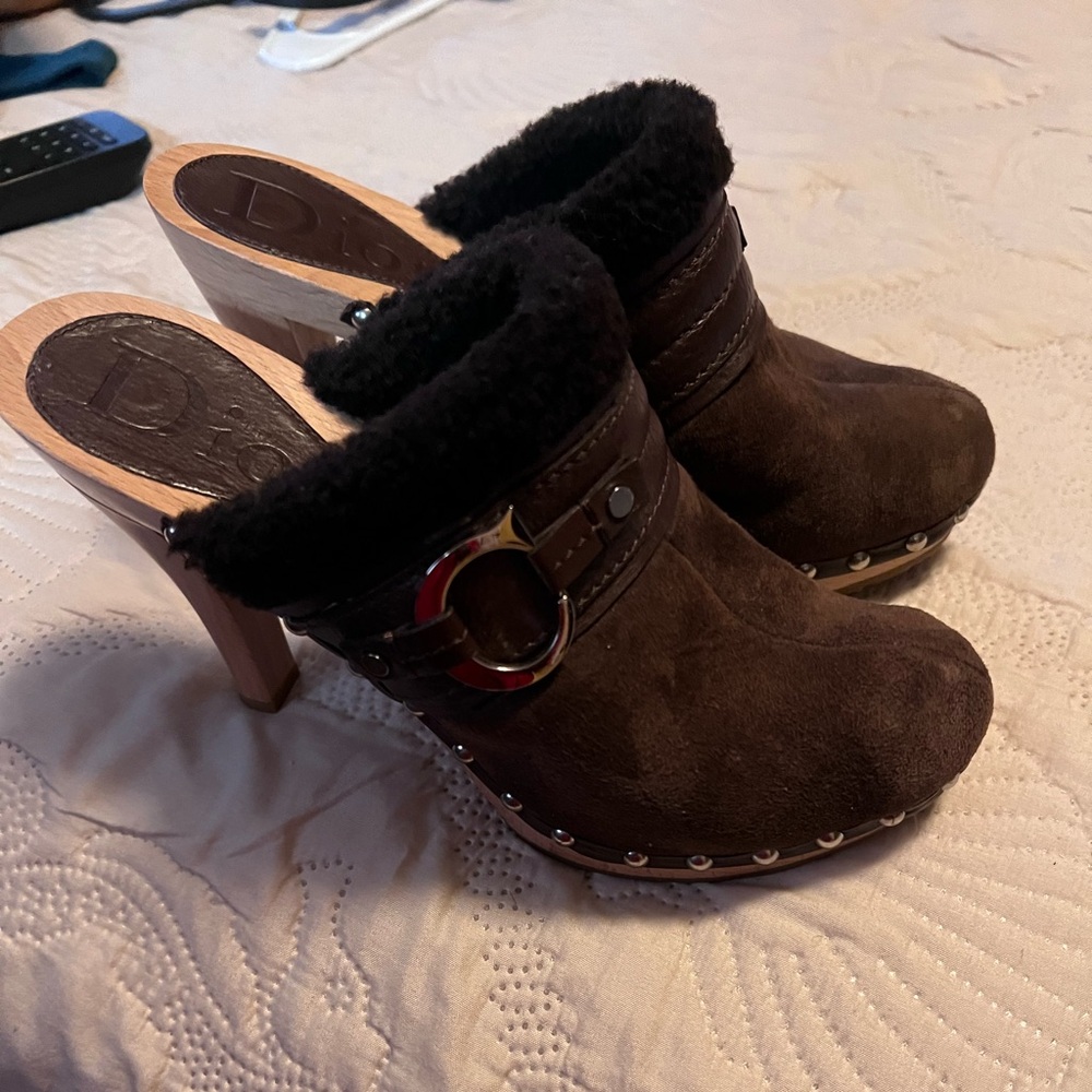 Dior Y2K Vintage Brown Suede Shearling Heeled Mules Sz 37.5